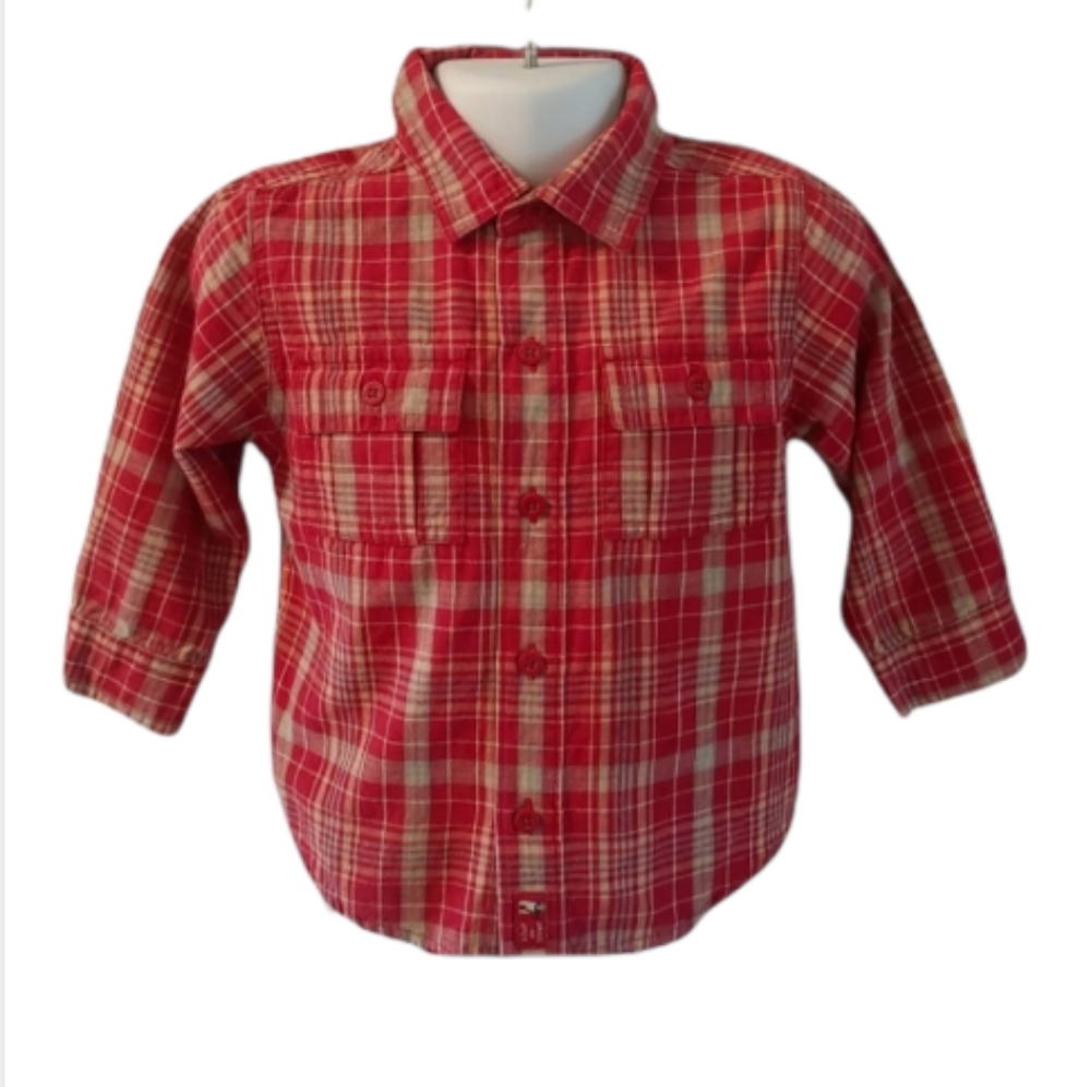 Janie and Jack Boys Red Festive Traditions Plaid Shirt St Bernard Dog 12-18 Mos